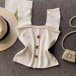 Womens Sleeveless Knit Tank Top Button‎ Front Square Neck Casual Top size s